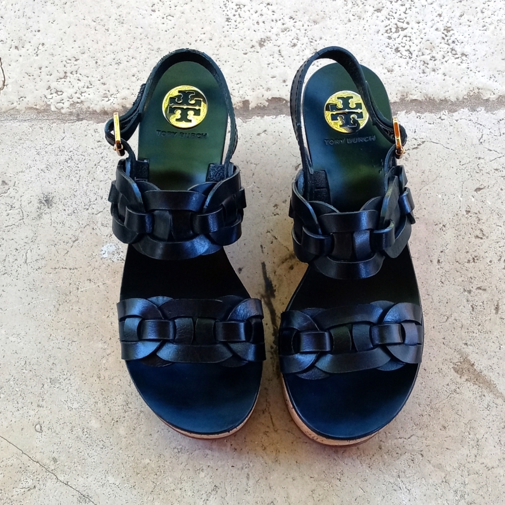 Tory Burch Calyca Braided Leather Wedge Sandals Size 7.5